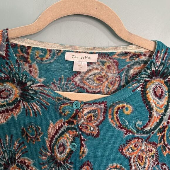 Garnet Hill 100% Merino Wool Paisley Print Button Down Top Cardigan Teal - Picture 3 of 7
